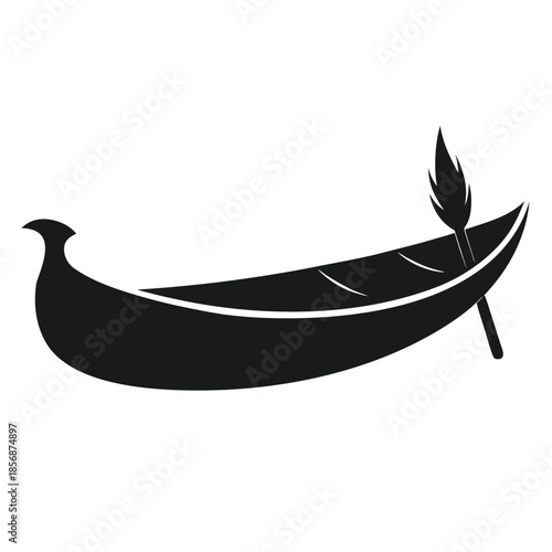 Black silhouette of a vintage canoe with a single paddle on a white background river