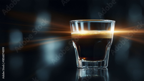 A shot of espresso in a clear glass with a creamy crema layer sits on a reflective surface. Dramatic lighting creates a glowing effect around the cup against a dark background.