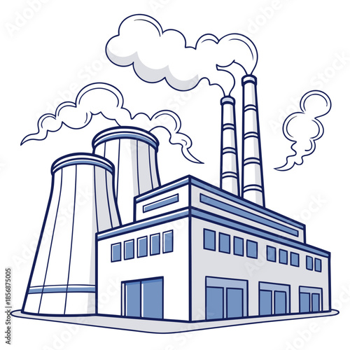 An illustrative depiction of an industrial factory complex with prominent smokestacks emitting plumes of white smoke into the sky