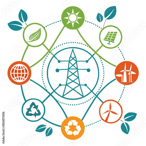 Sustainable energy sources encompassing solar wind recycling and power grids are graphically represented in a circular design