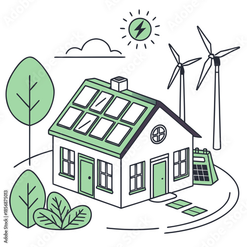 A charming illustration depicting a sustainable home powered by solar panels wind turbines and surrounded by lush greenery representing eco