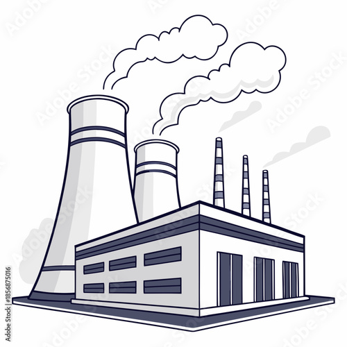 A simple illustration depicting an industrial factory complex with multiple smokestacks releasing plumes of white smoke into the sky