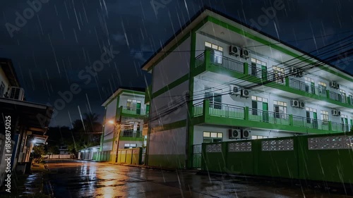 Nighttime Urban Apartment Building with Illuminated Balconies After Rain