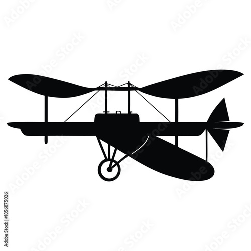 Black silhouette of old biplane aircraft with single wheel airplane