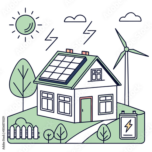 A charming illustration showcases a sustainable home powered by solar energy wind turbine and battery storage emphasizing green living