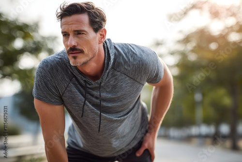 Middle-aged man in athletic wear taking a break during outdoor workout, looking focused and determined in a park setting during the day