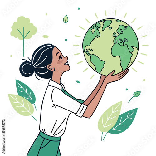 A young woman tenderly cradling the earth in her hands surrounded by lush greenery and radiating sunlight