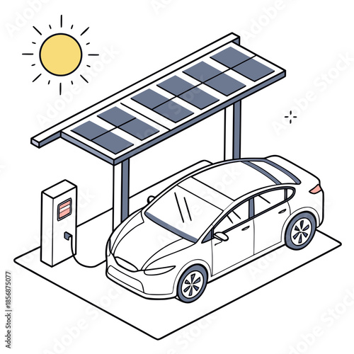 An isometric illustration depicts a modern electric vehicle charging at a solar powered station with a bright sun overhead