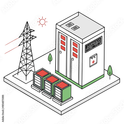 An illustrative depiction of a power substation with battery storage transmission tower and solar energy source overhead