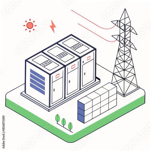 An illustrative depiction of a modern electrical substation with solar power and transmission lines showcasing energy infrastructure