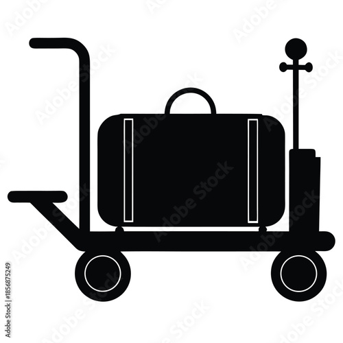 Black silhouette of vintage airport baggage cart with suitcase and luggage