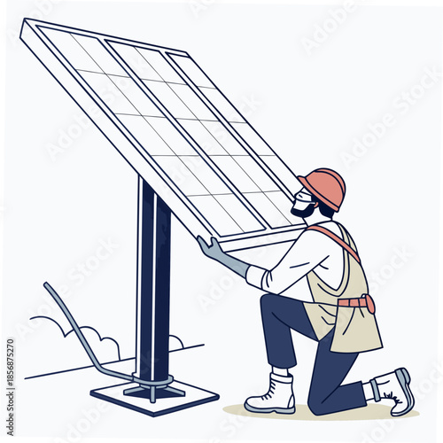 A worker in a hard hat is carefully inspecting a tilted solar panel ensuring optimal energy production and system functionality