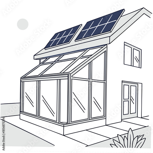 Illustration of a modern house featuring solar panels on the roof and a large glass sunroom extension showcasing renewable energy