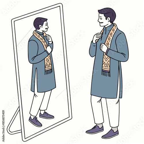 A man in traditional attire thoughtfully gazes at his reflection in a full length standing mirror contemplating his appearance