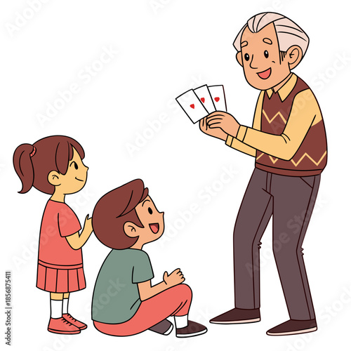 A cheerful grandfather is happily showing playing cards to two attentive grandchildren enjoying a playful moment together indoors