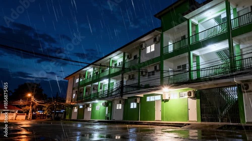 Nighttime Urban Apartment Building with Illuminated Balconies After Rain