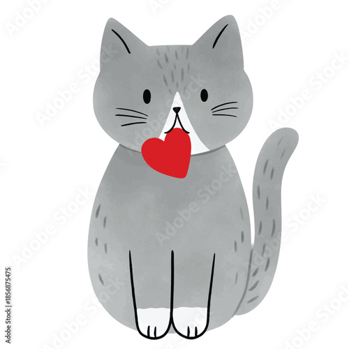 Illustration of Gray Cat Holding Red Heart