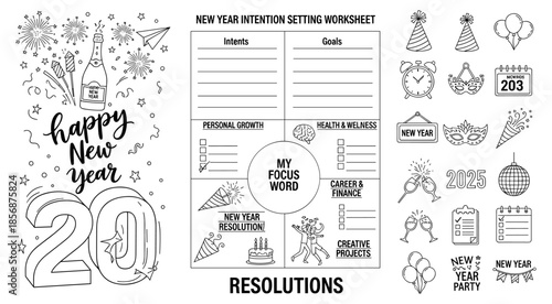 New Year intention setting worksheet with goals tracker and celebration icons isolated on white background for resolution and productivity planning.