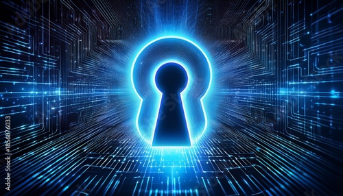 a glowing blue keyhole symbolizes digital security