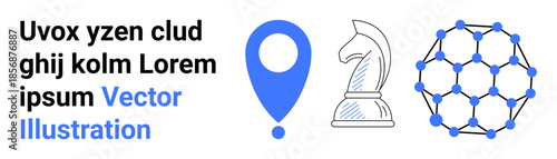 Business strategy, geolocation tech, decision-making, global network, connectivity, data organization. Blue geolocation icon, chess knight and node network in a white background. Business strategy