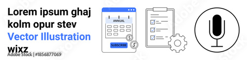 Business planning, project tracking, financial management, technology concepts, productivity tools, media creation. Calendar, checklist gear and microphone icons. Financial planning