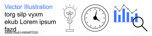Innovation, productivity, data analysis, strategic planning, goals tracking, research tools. Lightbulb, clock bar chart magnifying glass elements. Innovation and productivity visualization concept