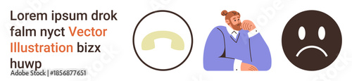 Communication breakdown, emotional distress, problem-solving, mental health, technology issues, decision-making. Man thinking, phone receiver icon sad face emotion. Emotional distress