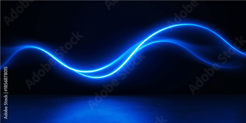 An abstract blue wave design features glowing neon lines and digital light rays moving through a dark space backdrop to create an energetic motion wallpaper
