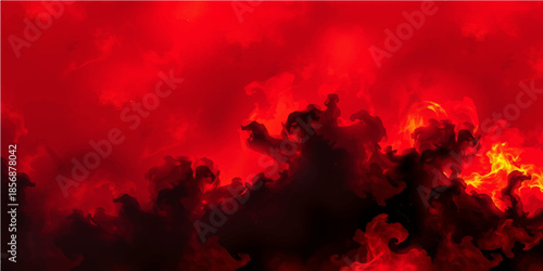 Abstract red fire and smoke explosion textures illuminate a dark storm cloudscape during a colorful sunset with orange flame light against the nature sky