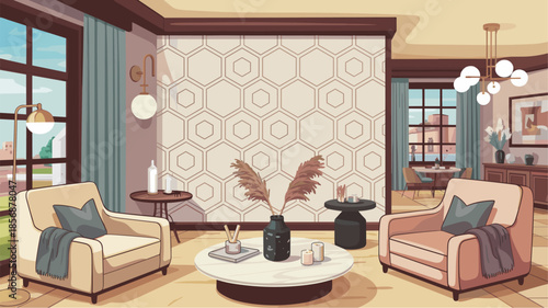 Contemporary minimalist living room with white geometric accent wall, neutral tones, marble coffee table, armchairs, and clean modern design.