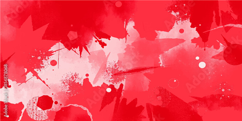 An artistic red paint texture on a wall features a vibrant watercolor splash and grunge ink pattern, creating a colorful liquid brush splatter element for a modern paper design