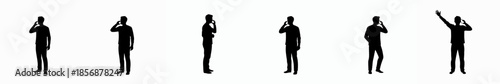 Silhouette Diverse Standing Man Holding Smart Phone in Different Poses Character