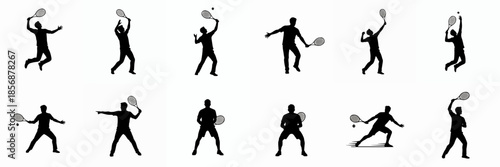 Silhouette Collection of Tennis Player Action Poses with Racket Sport Illustration