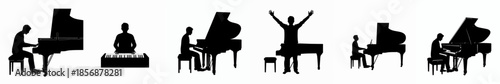 Minimalist Silhouette Style Piano Player Action Poses Set Illustration