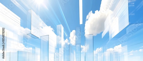 Futuristic transparent structures against sunny blue sky and white clouds high resolution image