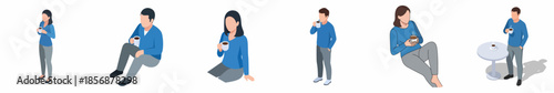 Minimalist Isolated People Drinking Beverage In Different Positions Character Illustration