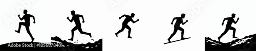 Silhouette Athletic Runner Man Jogging in Various Terrain Positions Illustration