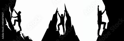 Silhouette Climber Reaching Success on Mountain Peak in Black and White