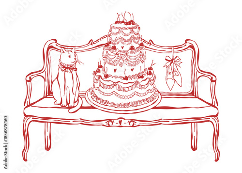 Hand-drawn vintage illustration for weddings, Valentines Day, and birthdays. Classic sofa, Shoes, cat, retro wedding cake. Romantic interior. Baroque style. Red Vector outline clipart on a white