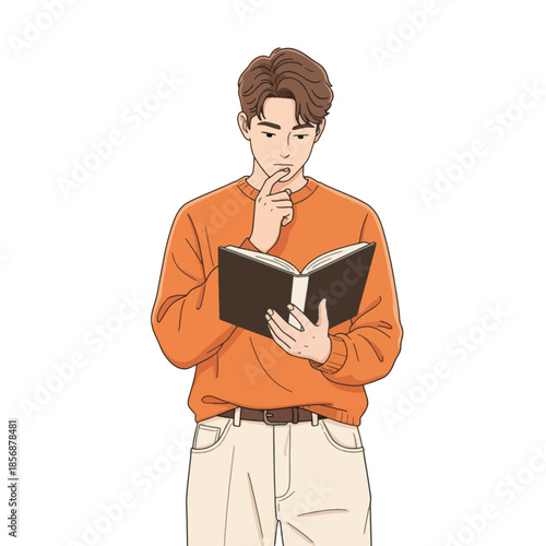 Young man in orange sweater thoughtfully reading an open book