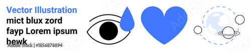 Awareness , emotions, global unity, empathy, connectivity, visual insight. Design an eye with a teardrop, a heart and a planet with orbits. Awareness and emotions concepts
