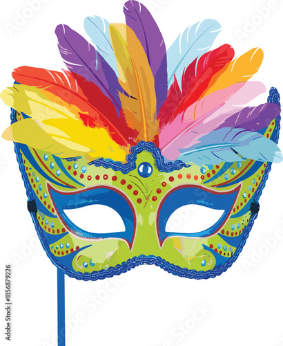 Colorful carnival masquerade mask with decorative feathers and ornate festival design, vibrant party costume celebration illustration accessory art