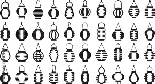 black and white hanging paper lanterns in various shapes and designs on white background