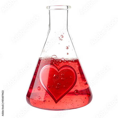 Erlenmeyer flask with red liquid and heart symbol isolated on transparent background