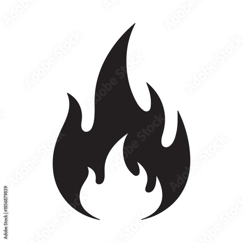 A stylized black flame icon isolated on a transparent background representing fire and energy