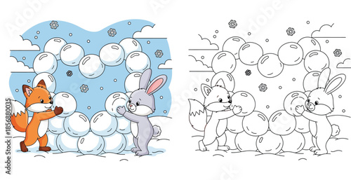 Cute Cartoon Fox and Rabbit Building a Heart-Shaped Snowball Sculpture in a Winter Landscape, Cooperative Friendship and Valentine's Day Illustration for Kids and Education