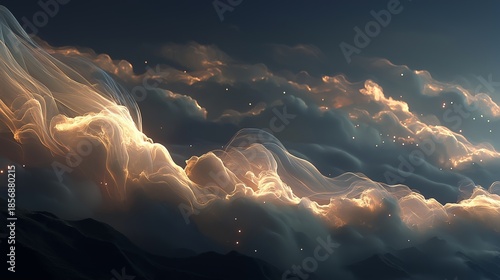 A surreal and dramatic landscape of swirling golden and grey clouds creating a mystical and ethereal background texture.