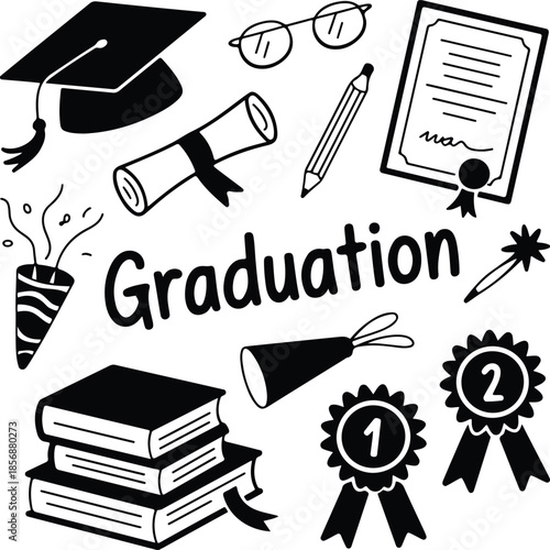 A celebratory illustration of graduation symbols including a cap and diploma silhouette