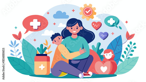Soft vector illustration showing emotional support and mental health care with comforting symbols.
