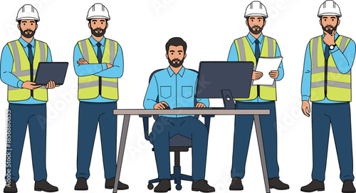 Professional construction engineers team working with computer, documents, and safety helmets, modern flat vector illustration for industrial project management concept
